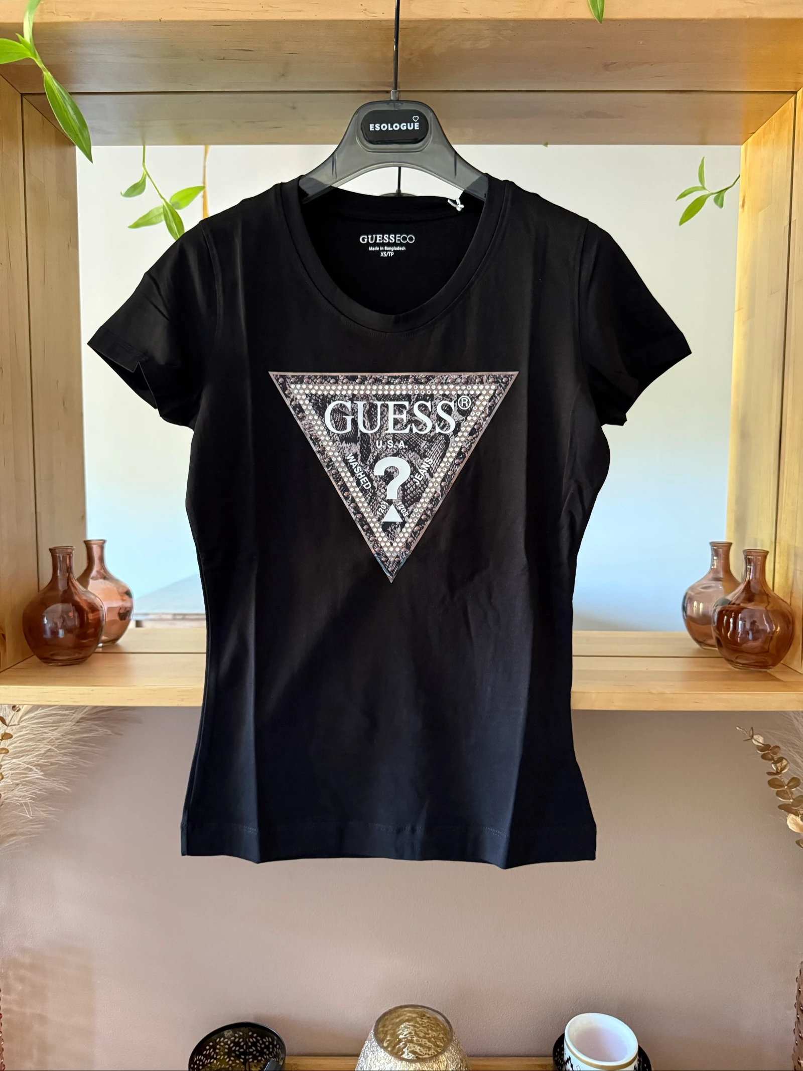 T-shirt Guess femme XS neuf avec étiquettes – Noir – Logo strass – Emballage d’origine